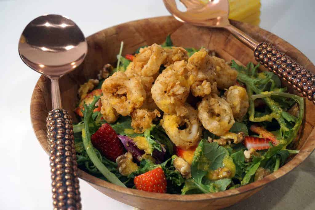 Buttermilk Fried Calamari Salad with Cantaloupe Vinaigrette -- The sweetness of cantaloupe vinaigrette is so necessary with this slightly spicy fried calamari. You guys will never believe how I came up with this recipe! -- lilsweetspiceadvice.com