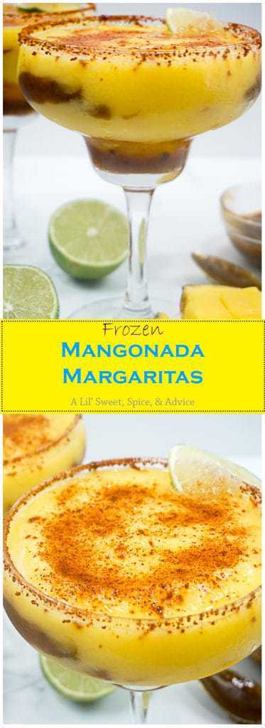 Mangonada Margaritas--Mangonada and margaritas have finally joined together in holy matrimony! Homemade organic chamoy sauce, frozen mangoes, and chili lime seasoning are combined to make a twist on the classic frozen margarita.--lilsweetspiceadvice.com