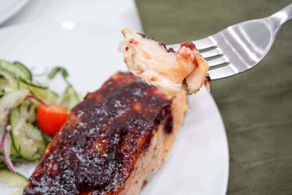 Spiced Cherry Glazed Salmon -- Spiced Cherry Glazed Salmon will be one of the easiest and most flavorful glazed salmon recipes you'll keep in your family's recipe arsenal. Just 4 ingredients and you'll be on your way to eating perfectly brined and glazed salmon! -- lilsweetspiceadvice.com