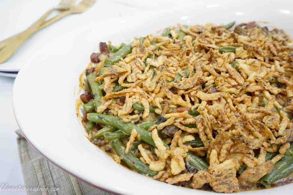 Homemade Green Bean Casserole-- This is literally the best homemade green bean casserole with scratch made organic mushroom sauce.-- lilsweetspiceadvice.com #greenbeancasserole #scratchmadegreenbeancasserole #homemademushroomcreamsauce